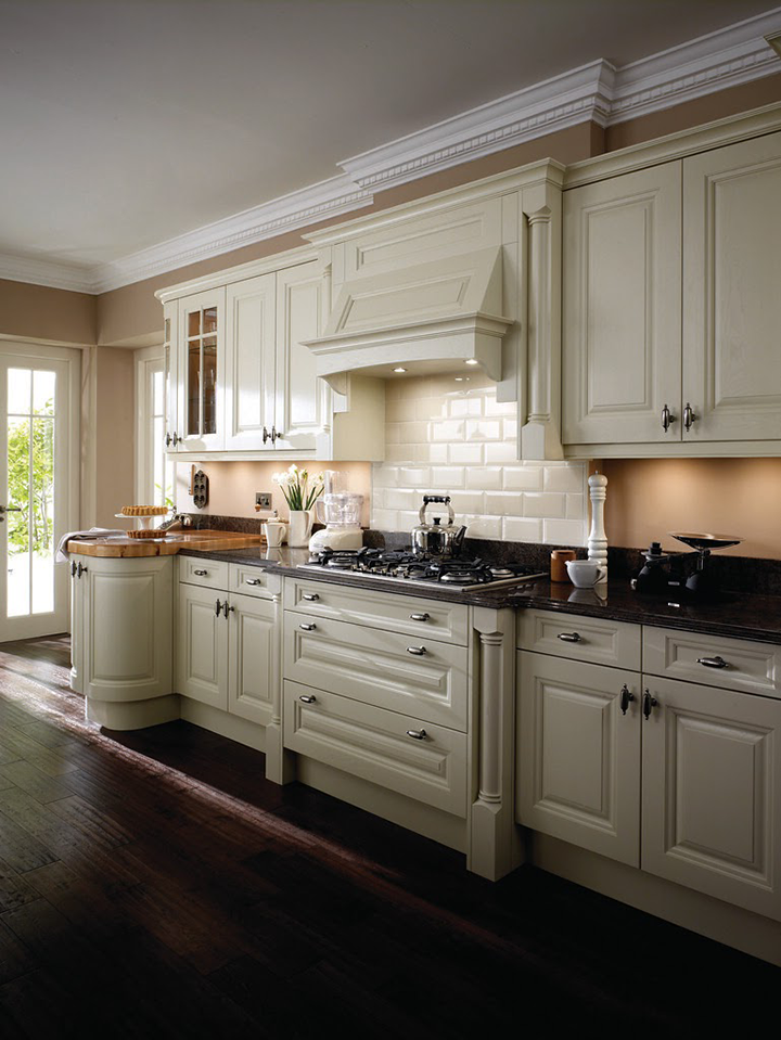 Subway Backsplash Range Hood with Crown Molding and Custom Countertop Chopping Block End