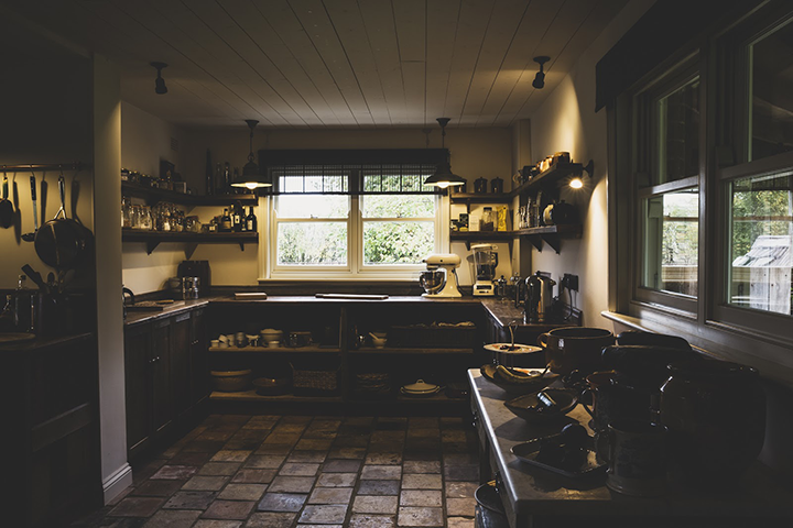 Interior View of Kitchen with Stone Tile Floor