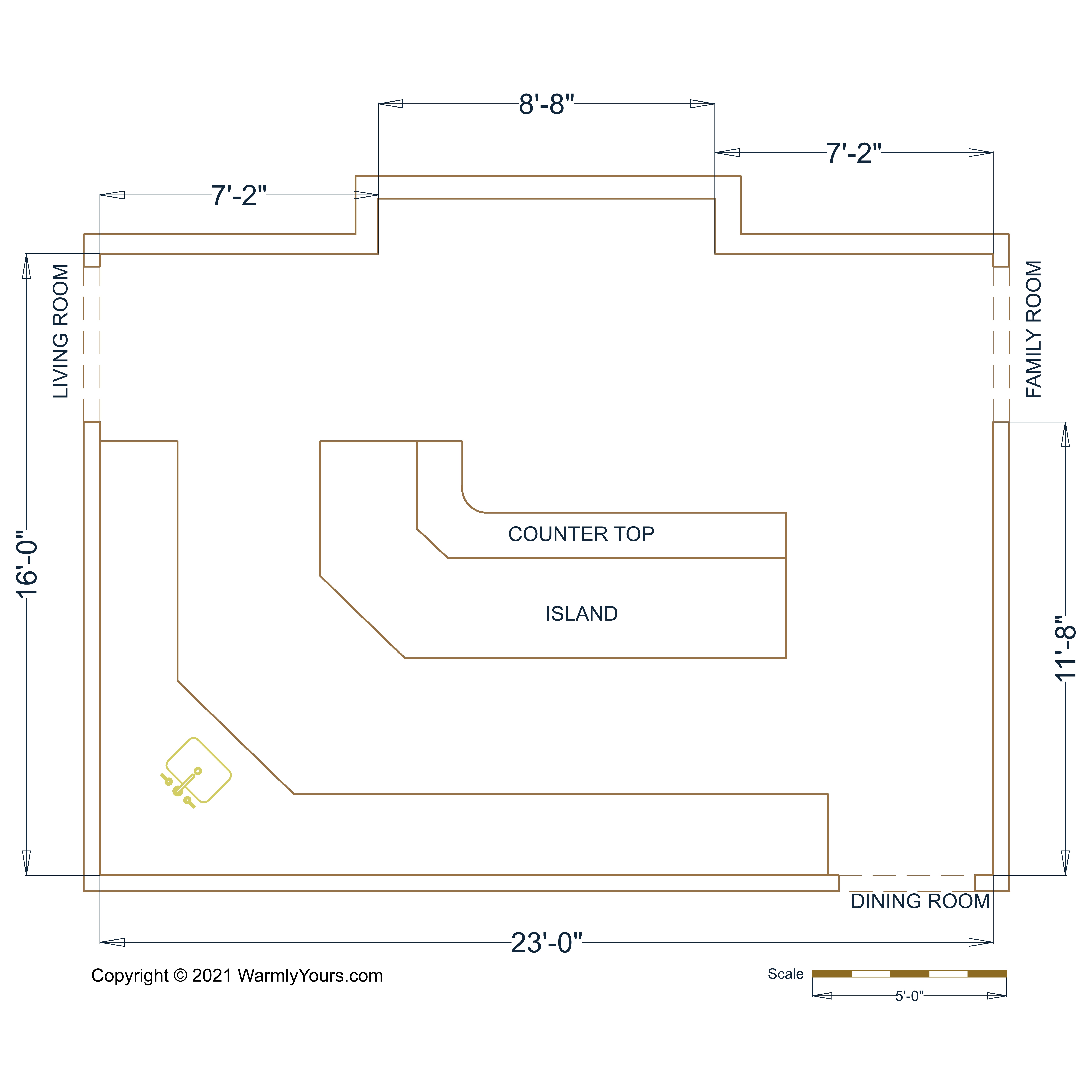 L Shaped Kitchen with Island and Countertop