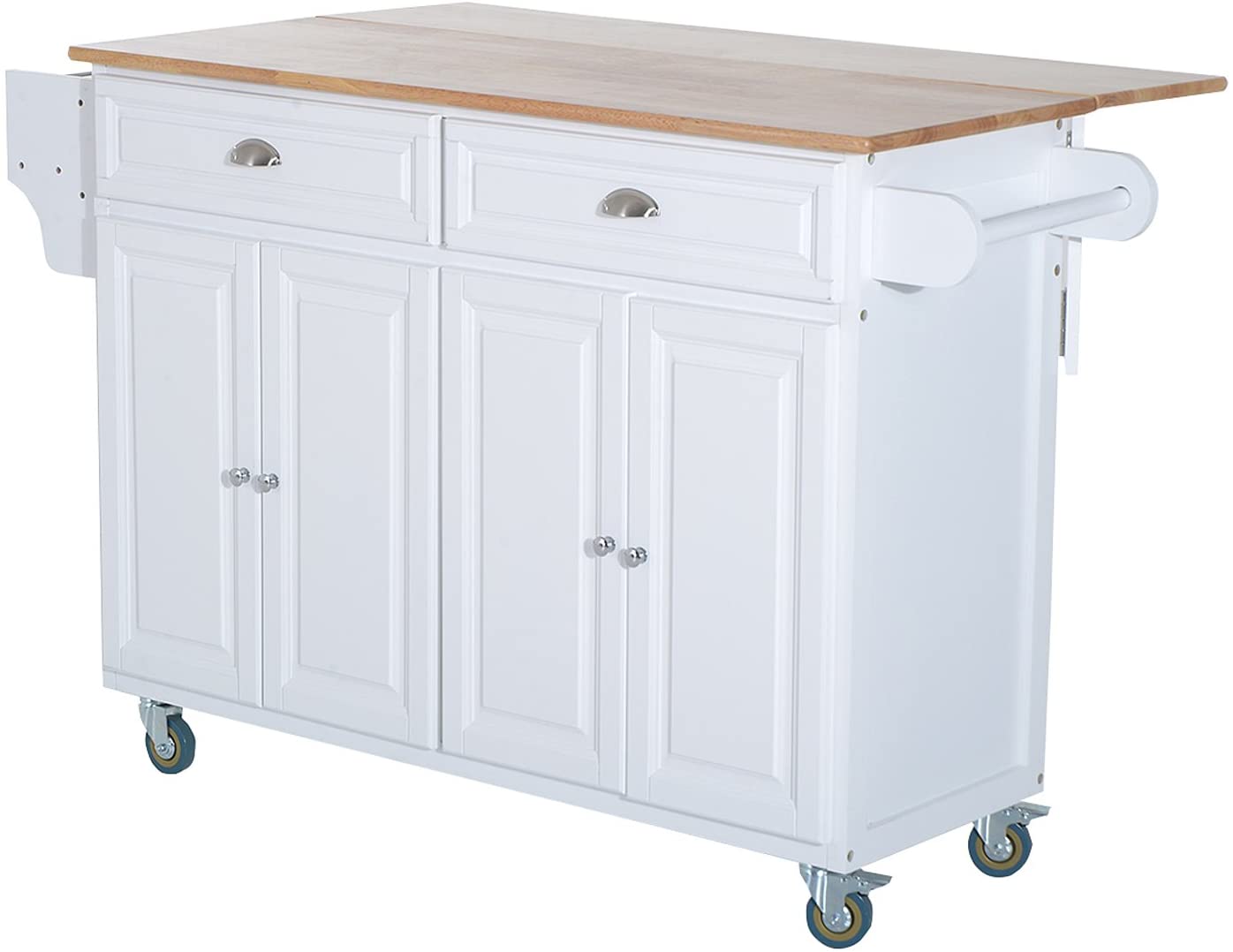 HOMCOM Rolling Oak Wood Drop-Leaf Kitchen Island Cart with Storage and Butcher Block